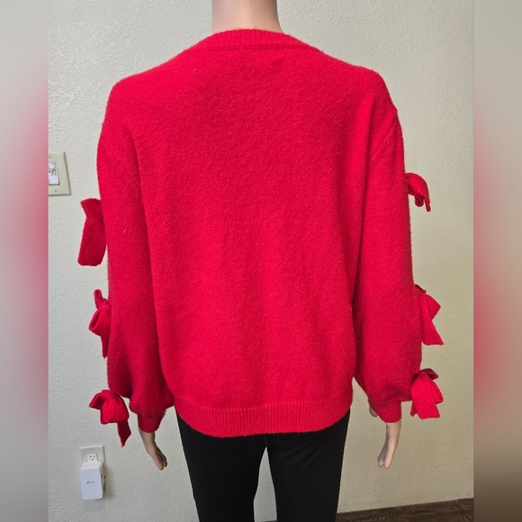 Molly Bracken By ANTROPOLOGY Red Cable Knit Sweater with Bow Details Size Lge - Picture 3 of 13